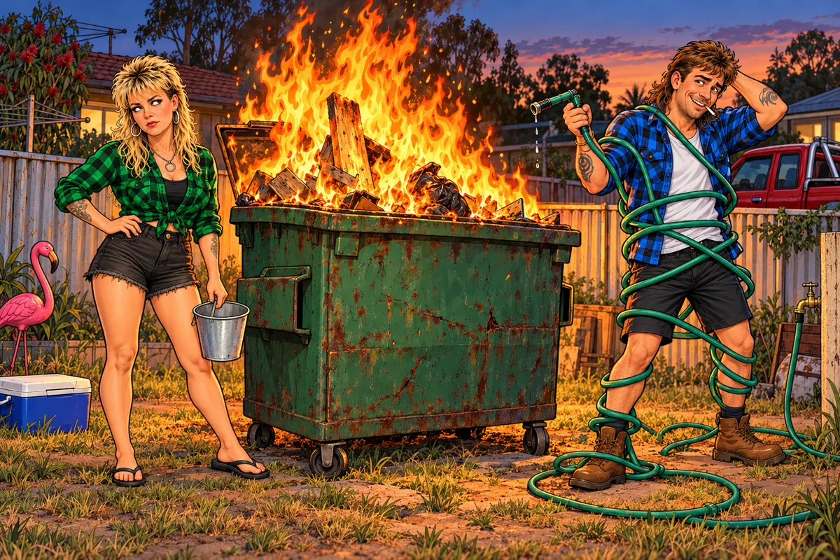 Shazza holding a bucket and Dazza tangled in a garden hose beside a burning dumpster in their backyard